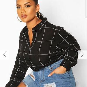 Boohoo Plus Black and White Grid Check Collared Button Up Oversized Shirt